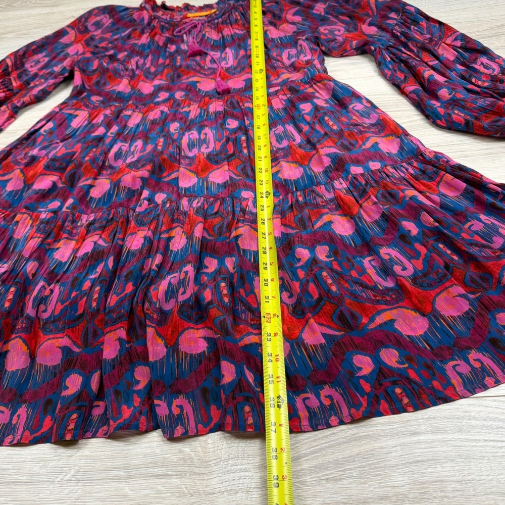 Oliphant Pink Blue Ikat Tiered Mini Dress Balloon Sleeve Tassel Tie Womens‎ M - Picture 2 of 9